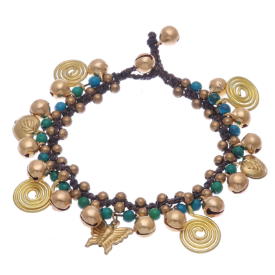 Serpentine and brass beaded charm bracelet, 'Fanciful Garden' - Brass and Serpentine Beaded Charm Bracelet