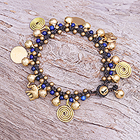 Lapis lazuli and brass beaded charm bracelet, 'Elephant Farm' - Handmade Bracelet with Lapis Lazuli and Brass Charms
