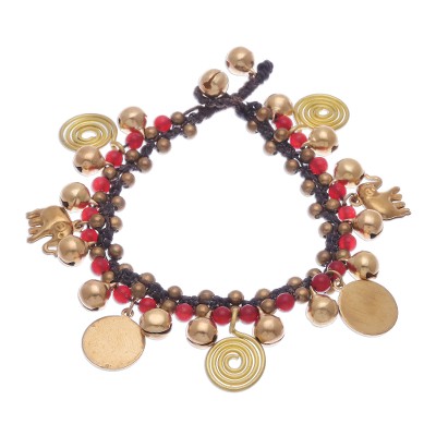 Quartz and brass beaded charm bracelet, 'Elephant Farm' - Red Quartz and Brass Beaded Charm Bracelet