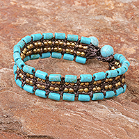 Beaded wristband bracelet, 'Mae Rim Medley' - Recon Turquoise and Brass Wristband Bracelet