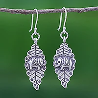 Sterling silver dangle earrings, 'Elephant Nature' - Oxidized Sterling Silver Leaf and Elephant Dangle Earrings