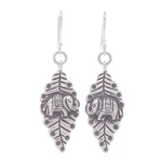 Sterling silver dangle earrings, 'Elephant Nature' - Oxidized Sterling Silver Leaf and Elephant Dangle Earrings