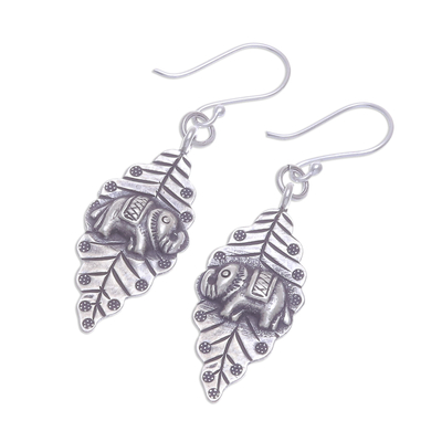 Sterling silver dangle earrings, 'Elephant Nature' - Oxidized Sterling Silver Leaf and Elephant Dangle Earrings