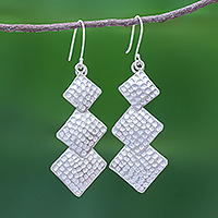 Sterling silver dangle earrings, 'Spark of Life in Silver' - Hand Tooled Sterling Silver Square Dangle Earrings