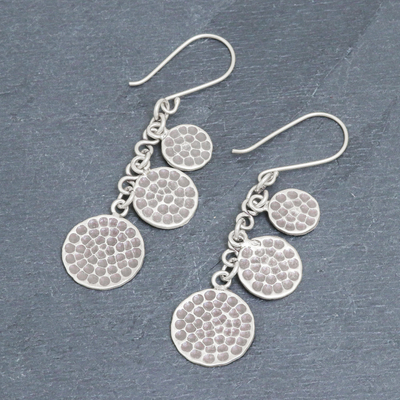Sterling silver dangle earrings, 'Polka Karen' - Oxidized Hand Tooled Sterling Silver Circle Dangle Earrings