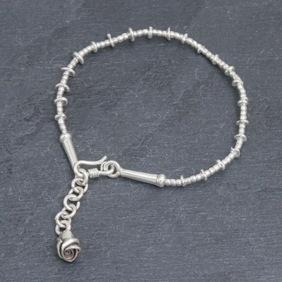 Silver beaded charm bracelet, 'Rosa Love' - Silver Link Bracelet with Extender Chain from Thailand