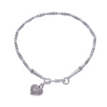 Silver beaded bracelet, 'Honest Heart' - Silver Link Bracelet with Heart Charm from Thailand
