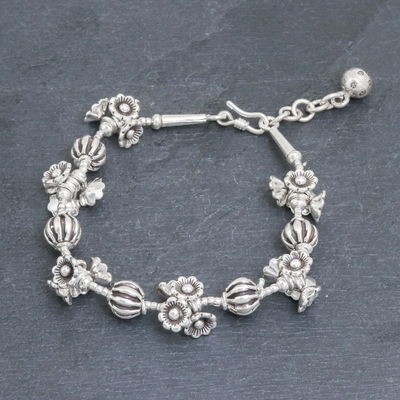 Silver beaded bracelet, 'A Spin on Beauty' - Silver Link Bracelet with Extender Chain from Thailand