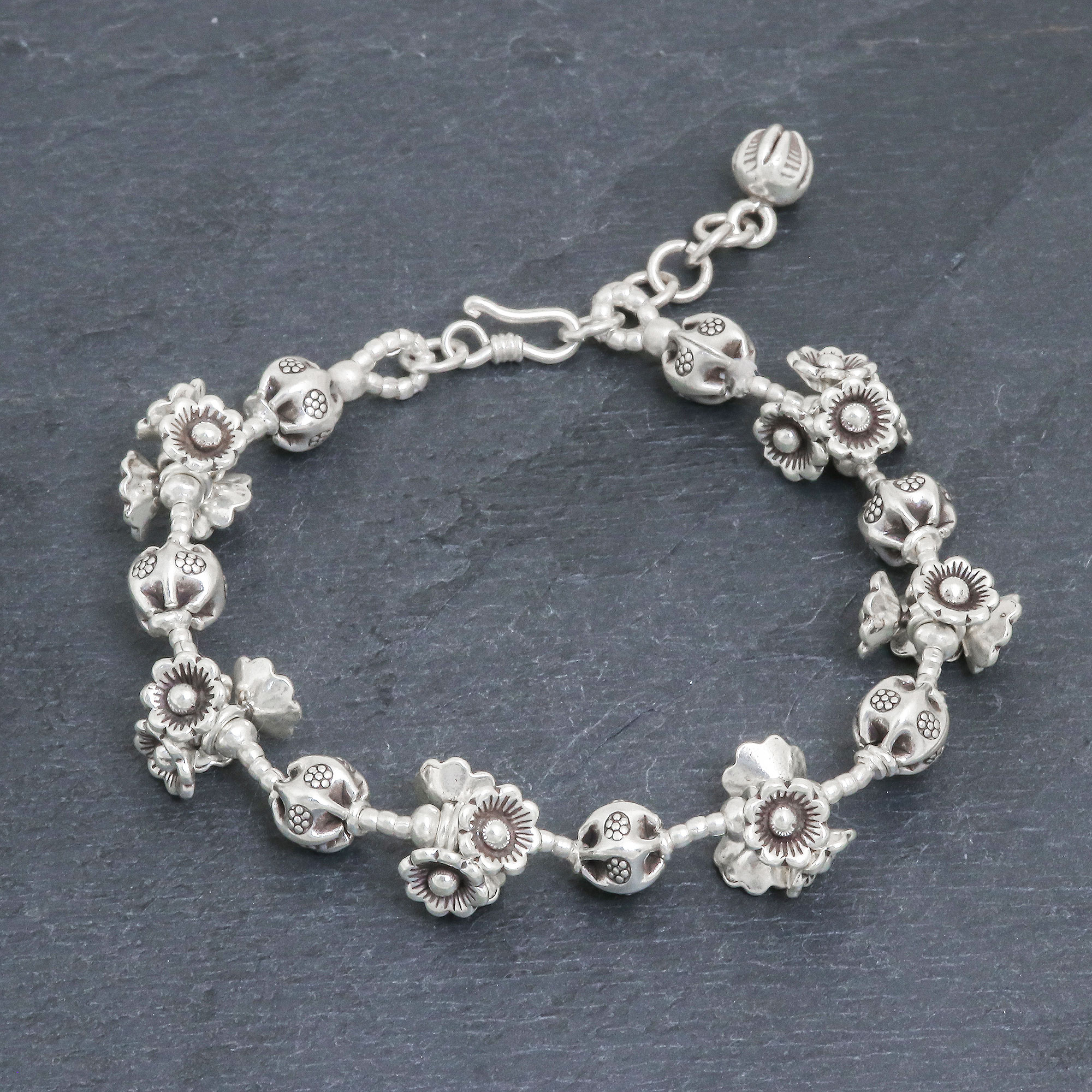 Silver Link Bracelet with Extender Chain from Thailand - Flower Ball