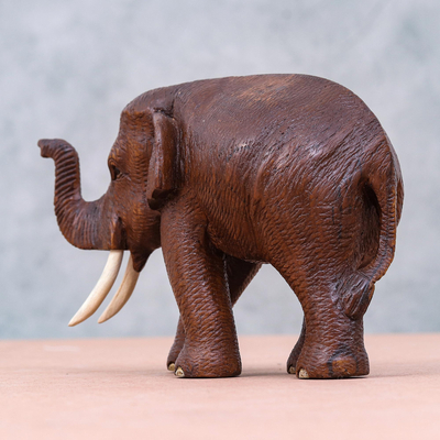 Teak wood sculpture, 'Savannah Trek' (right) - Artisan Crafted Teak Wood Elephant Statuette (Right)