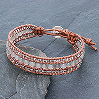 Chalcedony and leather beaded wristband bracelet, 'Sidetracked' - Chalcedony and Glass Bead Leather Bracelet