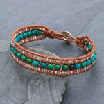 Serpentine and leather beaded wristband bracelet, 'Sidetracked' - Leather Bracelet with Serpentine and Glass Beads