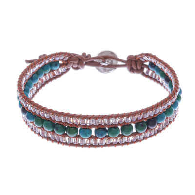 Serpentine and leather beaded wristband bracelet, 'Sidetracked' - Leather Bracelet with Serpentine and Glass Beads