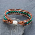 Serpentine and leather beaded wristband bracelet, 'Sidetracked' - Leather Bracelet with Serpentine and Glass Beads
