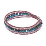 Serpentine and leather beaded wristband bracelet, 'Sidetracked' - Leather Bracelet with Serpentine and Glass Beads