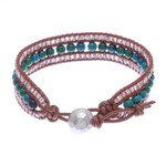Serpentine and leather beaded wristband bracelet, 'Sidetracked' - Leather Bracelet with Serpentine and Glass Beads