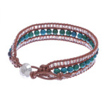 Serpentine and leather beaded wristband bracelet, 'Sidetracked' - Leather Bracelet with Serpentine and Glass Beads