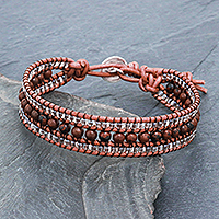 Red jasper and leather beaded wristband bracelet, 'Sidetracked'