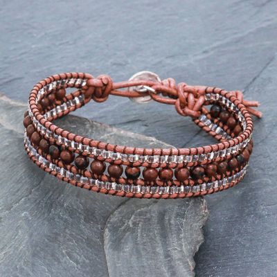Red jasper and leather beaded wristband bracelet, 'Sidetracked' - Jasper and Glass Beaded Leather Bracelet