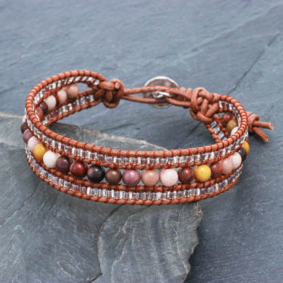 Jasper and leather beaded wristband bracelet, 'Sidetracked' - Handmade Leather Bracelet with Jasper and Glass Beads
