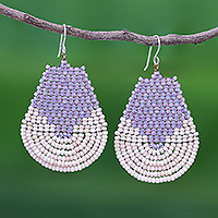 Beaded dangle earrings, 'Si Thep Temple in Lavender' - Lavender and Cream Glass Beaded Earrings