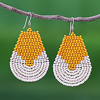 Beaded dangle earrings, 'Si Thep Temple in Marigold' - Hand Beaded Dangle Earrings in Yellow and Cream