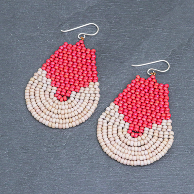 Beaded dangle earrings, 'Si Thep Temple in Rose' - Deep Pink and Cream Handcrafted Bead Earrings