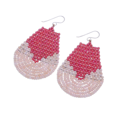 Beaded dangle earrings, 'Si Thep Temple in Rose' - Deep Pink and Cream Handcrafted Bead Earrings