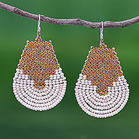 Beaded dangle earrings, 'Si Thep Temple in Orange' - Iridescent Orange Glass Beaded Dangle Earrings
