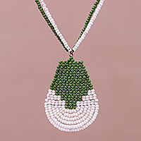 Beaded pendant necklace, 'Si Thep Temple in Green' - Hand Beaded Pendant Necklace from Thailand
