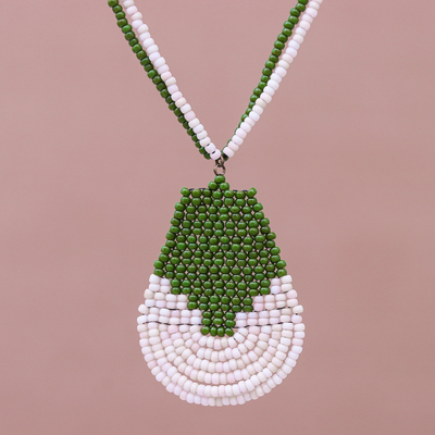 Beaded pendant necklace, 'Si Thep Temple in Green' - Hand Beaded Pendant Necklace from Thailand