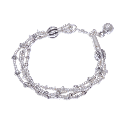 Silver beaded charm bracelet, 'Lively Karen' - 950 Silver Beaded Bracelet with Stamped Charm from Thailand