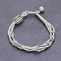Silver beaded charm bracelet, 'A Passion for Karen' - Silver Beaded Bracelet with Stamped Charm from Thailand