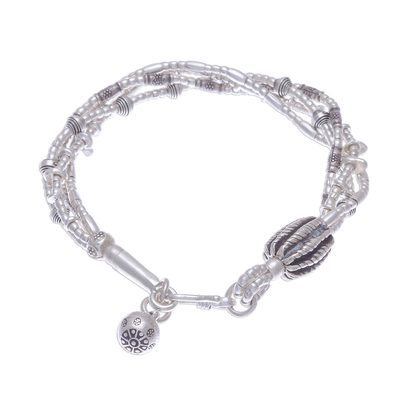 Silver beaded charm bracelet, 'A Passion for Karen' - Silver Beaded Bracelet with Stamped Charm from Thailand