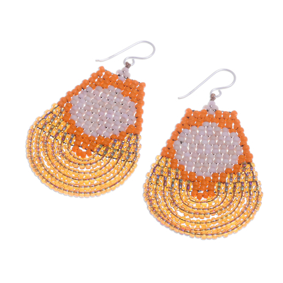 Beaded dangle earrings, 'Si Thep Treasure in Orange' - Handmade Orange Glass Beaded Earrings