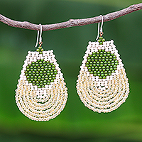 Beaded dangle earrings, 'Si Thep Treasure in Green' - Beaded Dangle Earrings in Green and Cream
