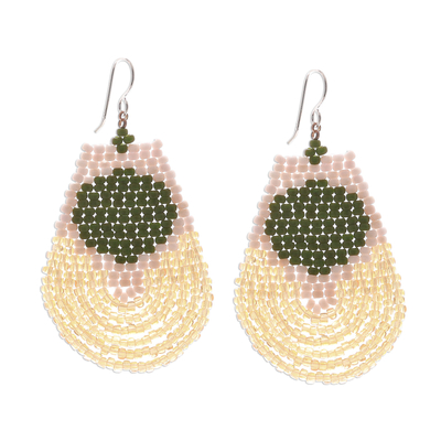 Beaded dangle earrings, 'Si Thep Treasure in Green' - Beaded Dangle Earrings in Green and Cream