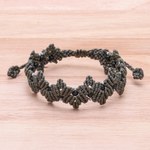 Onyx beaded macrame bracelet, 'Zigzag in Grey' - Grey Macrame Onyx Bead Bracelet