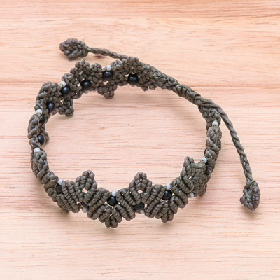Onyx beaded macrame bracelet, 'Zigzag in Grey' - Grey Macrame Onyx Bead Bracelet