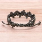 Onyx beaded macrame bracelet, 'Zigzag in Grey' - Grey Macrame Onyx Bead Bracelet