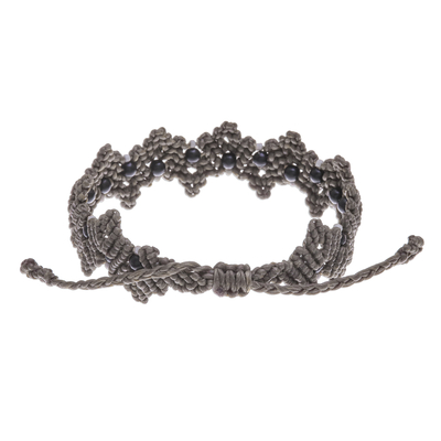 Onyx beaded macrame bracelet, 'Zigzag in Grey' - Grey Macrame Onyx Bead Bracelet