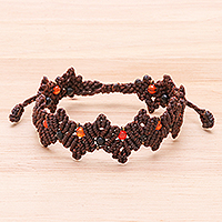 Carnelian and onyx beaded macrame bracelet, 'Zigzag in Dark Brown'