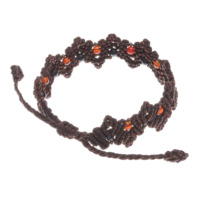 Carnelian and onyx beaded macrame bracelet, 'Zigzag in Dark Brown' - Dark Brown Macrame Carnelian Bead Bracelet
