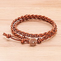 Pulsera envolvente de cuero y jaspe, 'Genuine Cool in Brown' - Pulsera envolvente de cuero trenzado con botón de jaspe