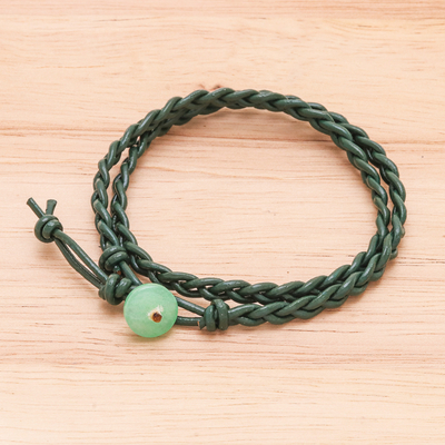 Quartz and leather wrap bracelet, 'Genuine Cool in Green' - Braided Leather Wrap Bracelet with Quartz Button