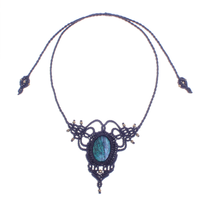 Serpentine macrame pendant necklace, 'Bohemian Grandeur' - Macrame Pendant Necklace with Serpentine
