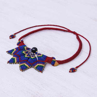 Onyx macrame pendant necklace, 'Bohemian Star' - Red and Blue Macrame Necklace with Onyx