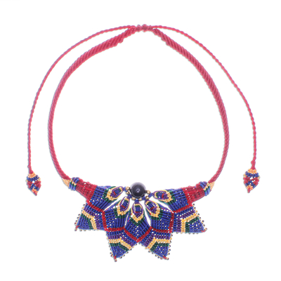 Onyx macrame pendant necklace, 'Bohemian Star' - Red and Blue Macrame Necklace with Onyx