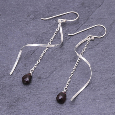 Garnet dangle earrings, 'Solar Spin' - Garnet and Sterling Silver Dangle Earrings