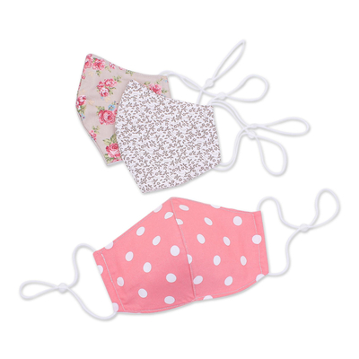 Gesichtsmasken aus Baumwolle, (3er-Set) - Set mit 3 Ohrschlaufen aus Baumwolle mit rosa-weiß-sepiafarbenem Aufdruck